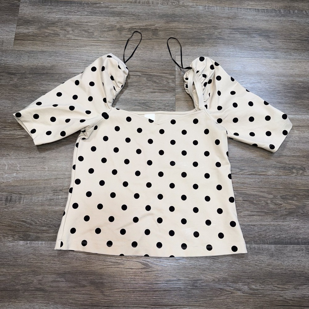 H&M Light Taupe Black Polka Dot Crop Top Womens Medium Puff Sleeves Square Neck